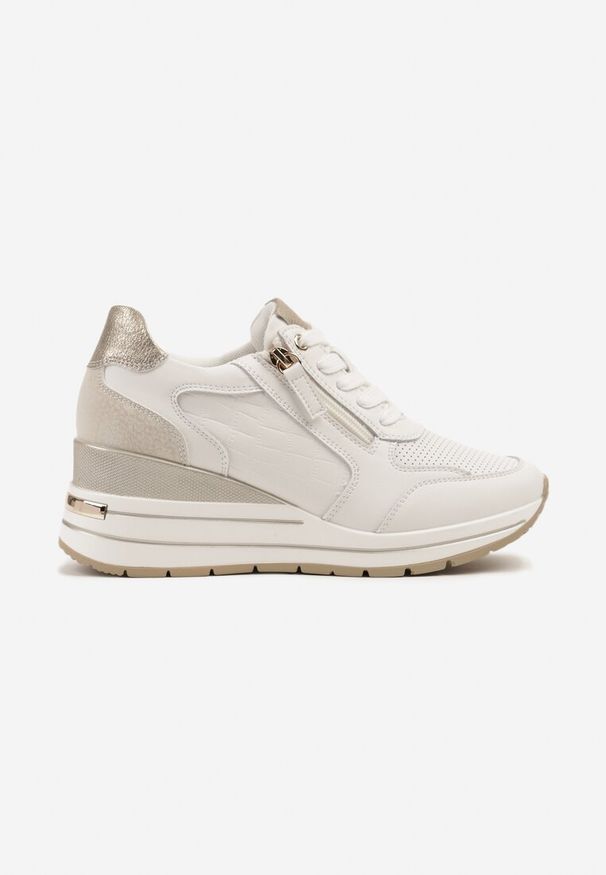 Born2be - Białe Skórzane Sneakersy na Koturnie Ozdobione Suwakiem Pirival. Okazja: na co dzień. Kolor: biały. Materiał: skóra. Wzór: aplikacja. Obcas: na koturnie