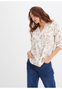 bonprix - Bluzka z czystej wiskozy. Typ kołnierza: kołnierzyk stójkowy, dekolt w serek. Kolor: biały. Materiał: wiskoza. Długość rękawa: długi rękaw. Długość: długie. Wzór: nadruk. Styl: elegancki #1