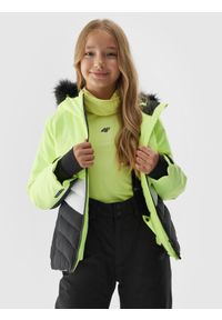 4f - Kurtka narciarska membrana 10000 dziewczęca - limonkowa. Kolor: zielony. Materiał: materiał, poliester, futro, syntetyk. Sezon: zima. Sport: narciarstwo #1