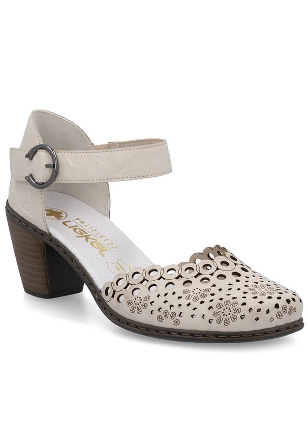 Skórzane sandały damskie na słupku beżowe Rieker 40902-60. Kolor: beżowy. Materiał: skóra. Obcas: na słupku