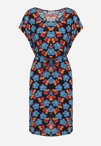 Born2be - Czarno-Niebieska Pudełkowa Sukienka z Wiskozy Wiązana Sznurkiem w Talii Tiamadine. Okazja: na randkę, na co dzień, na spotkanie biznesowe. Kolor: czarny. Materiał: wiskoza. Długość rękawa: krótki rękaw. Wzór: kwiaty. Styl: casual, klasyczny, biznesowy #3