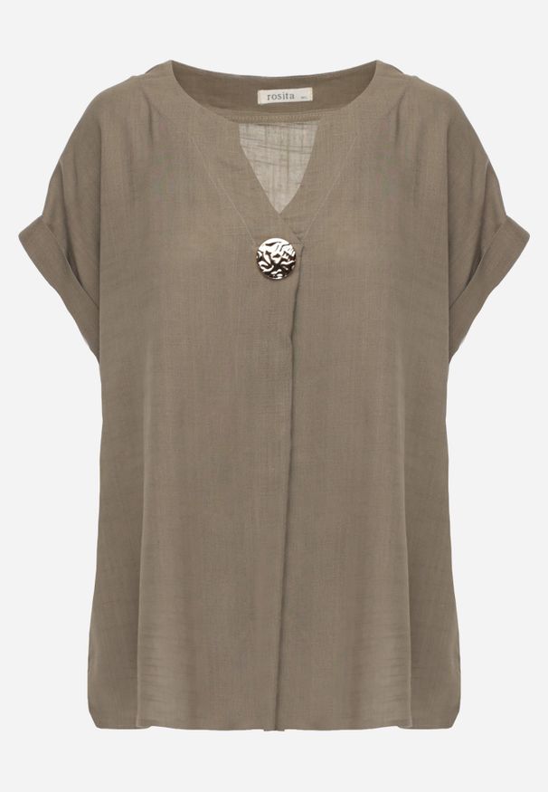 Renee - Ciemnobeżowa Bluzka z Lnem i Wiskozą o Nietoperzowym Kroju z Krótkim Rękawem Herira. Okazja: na co dzień. Typ kołnierza: dekolt w serek. Kolor: beżowy. Długość: krótkie. Wzór: aplikacja. Materiał: wiskoza, len. Długość rękawa: krótki rękaw. Sezon: lato. Styl: elegancki, casual