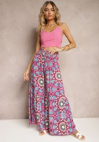 Renee - Różowo-Niebieskie Spodnie Typu Palazzo z Wiskozy High Waist z Gumką w Pasie Bistalia. Okazja: na co dzień. Stan: podwyższony. Kolor: różowy. Materiał: wiskoza. Długość: długie. Styl: casual, wizytowy #5