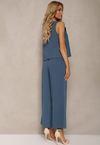 Renee - Granatowy Komplet z Bawełny Bluzka z Guzikami Szerokie Spodnie z Gumką w Talii Floricella. Kolor: niebieski. Materiał: bawełna. Wzór: aplikacja #5