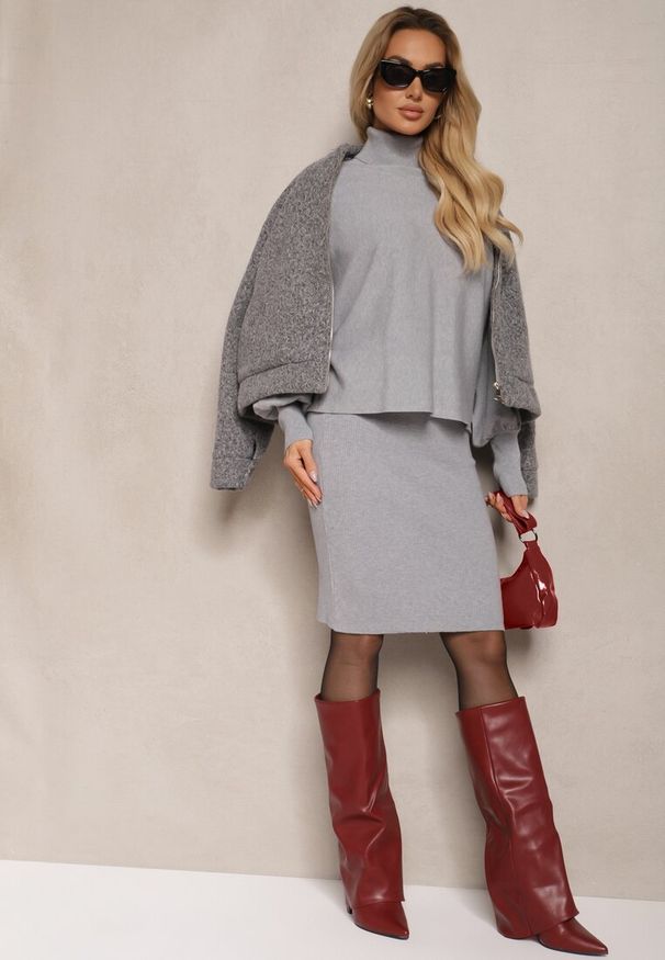 Renee - Szary Komplet z Prążkowanej Dzianiny Golf z Bufiastymi Rękawami i Sukienka na Ramiączkach Belianora. Kolor: szary. Materiał: prążkowany, dzianina