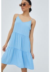 JDY sukienka mini rozkloszowana. Kolor: niebieski. Materiał: tkanina. Długość rękawa: na ramiączkach. Typ sukienki: rozkloszowane. Długość: mini