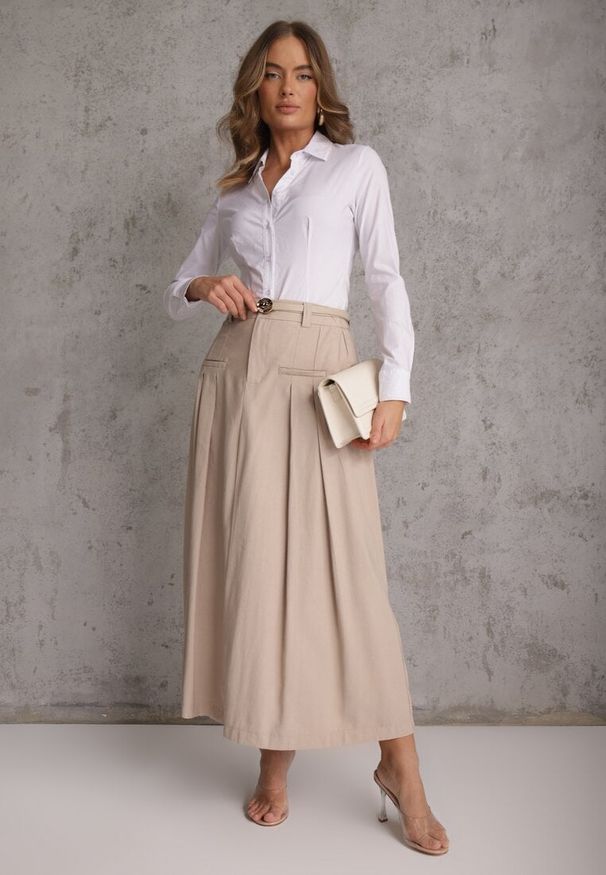 Renee - Beżowa Rozkloszowana Spódnica z Wiskozy Zdobiona Plisami i Paskiem Durklea. Okazja: na co dzień. Kolor: beżowy. Materiał: wiskoza. Wzór: aplikacja. Styl: casual, elegancki