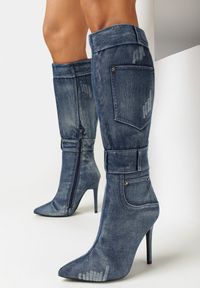 Born2be - Niebieskie Jeansowe Kozaki na Szpilce Bimis. Kolor: niebieski. Materiał: jeans. Obcas: na szpilce