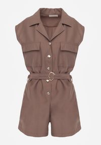 Born2be - Brązowy Bawełniano-Lniany Kombinezon Casual w Stylu Safari z Paskiem w Klamrą Cecis. Okazja: na co dzień. Kolor: brązowy. Materiał: bawełna, len. Długość: długie. Styl: casual #2