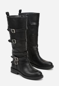Renee - Czarne Kozaki Typu Bikery z Kwadratowymi Klamrami i Paskami Linadra. Okazja: na co dzień. Zapięcie: klamry. Kolor: czarny. Materiał: jeans. Styl: casual #7