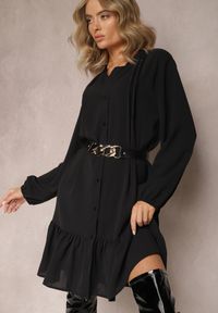 Renee - Czarna Koszulowa Sukienka Mini Galdra. Kolor: czarny. Wzór: aplikacja. Typ sukienki: koszulowe. Długość: mini