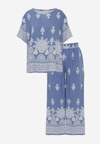 Born2be - Niebieski Komplet Wiskozowy Szerokie Spodnie i Luźna Bluzka z Nadrukiem Paisley Thela. Kolekcja: plus size. Kolor: niebieski. Materiał: wiskoza. Wzór: nadruk, paisley #3
