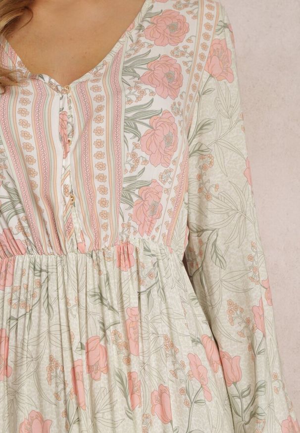 Renee - Miętowa Sukienka Hyrope. Kolor: miętowy. Materiał: skóra, wiskoza. Długość rękawa: długi rękaw. Wzór: kwiaty. Typ sukienki: koszulowe. Styl: klasyczny. Długość: maxi