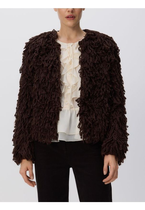 Reserved - Kardigan z frędzlami - brązowy. Kolor: brązowy. Materiał: dzianina