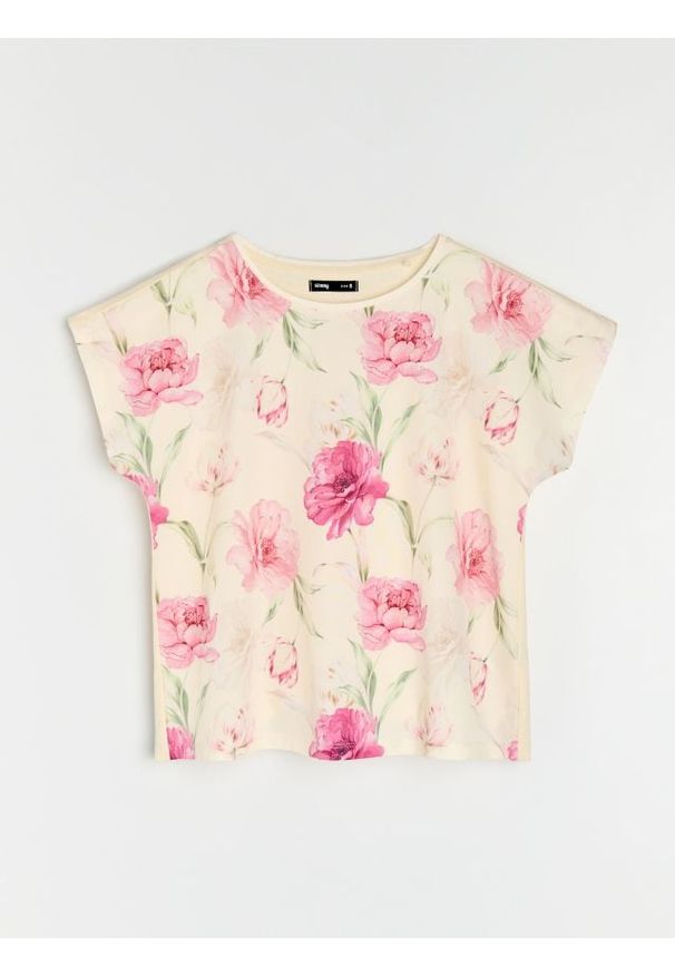 Sinsay - Bawełniana koszulka z krótkim rękawem i motywem kwiatowym - kremowy. Kolor: kremowy. Materiał: bawełna. Długość rękawa: krótki rękaw. Długość: krótkie. Wzór: kwiaty