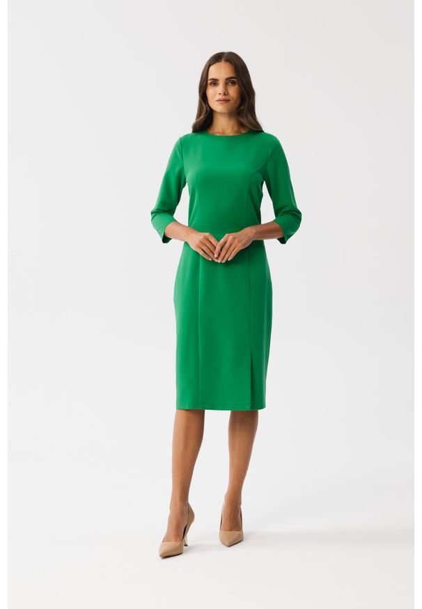 MOE - Zielona Ołówkowa Sukienka z Rozcięciem. Kolor: zielony. Materiał: poliester, elastan, wiskoza. Typ sukienki: ołówkowe