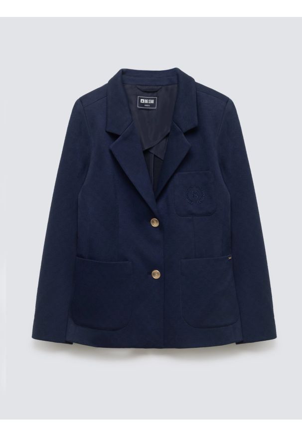 Big-Star - Marynarka damska slim granatowa Norbia 403. Okazja: do pracy, na spotkanie biznesowe. Kolor: niebieski. Materiał: materiał, tkanina, wiskoza. Długość: krótkie. Styl: klasyczny, biznesowy, elegancki