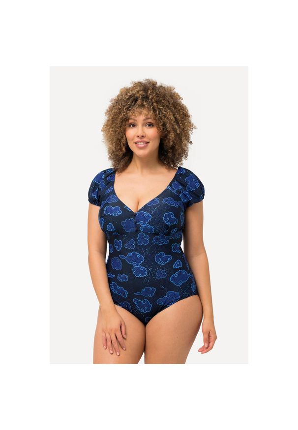 ULLA POPKEN - Damski Strój kąpielowy chmury miękkie miseczki bufiaste rękawy. Kolekcja: plus size. Kolor: niebieski. Materiał: elastan, poliamid, materiał