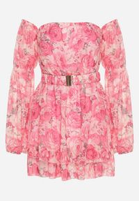 Born2be - Różowa Wiskozowa Sukienka Hiszpanka z Falbanami i Paskiem w Kwiaty Virmoi. Okazja: na co dzień, na spacer. Typ kołnierza: dekolt hiszpanka. Kolor: różowy. Materiał: wiskoza. Wzór: kwiaty. Typ sukienki: proste. Styl: casual #5