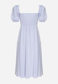 Born2be - Niebieska Sukienka w Rustykalnym Stylu z Wiązaniem przy Dekolcie i Rozcięciem Idanillea. Okazja: na spacer, na co dzień. Typ kołnierza: dekolt kwadratowy. Kolor: niebieski. Typ sukienki: rozkloszowane. Styl: casual #5