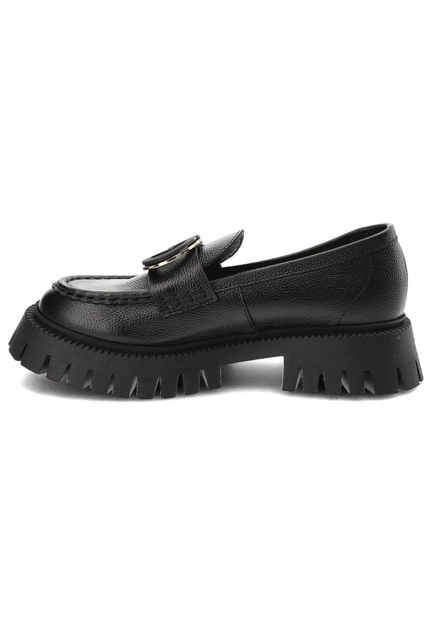 CheBello - Czarne Mokasyny Chebello Modne Obuwie Damskie. Okazja: na co dzień. Kolor: czarny. Materiał: skóra, jeans. Wzór: aplikacja, grochy. Styl: klasyczny, elegancki, casual