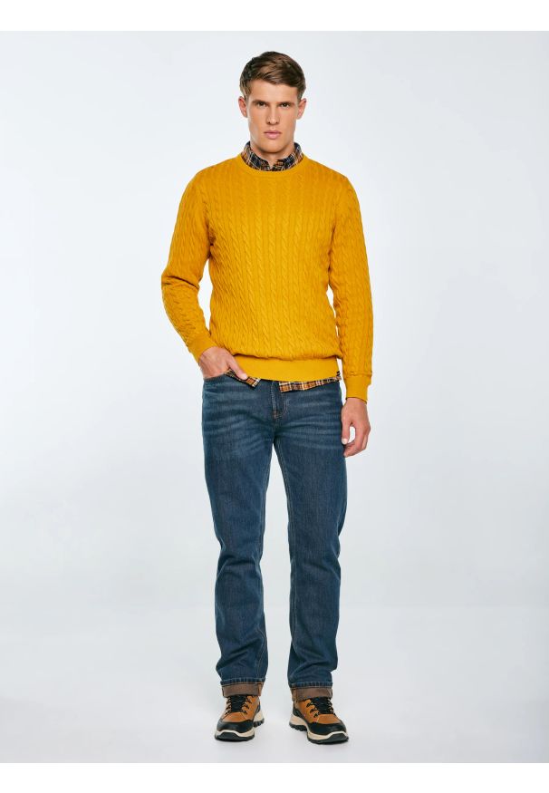 Big-Star - Sweter męski ze splotem warkoczowym żołty Amaris 201. Okazja: na co dzień. Kolor: żółty. Materiał: dzianina, bawełna, jeans. Wzór: ze splotem. Styl: klasyczny, casual
