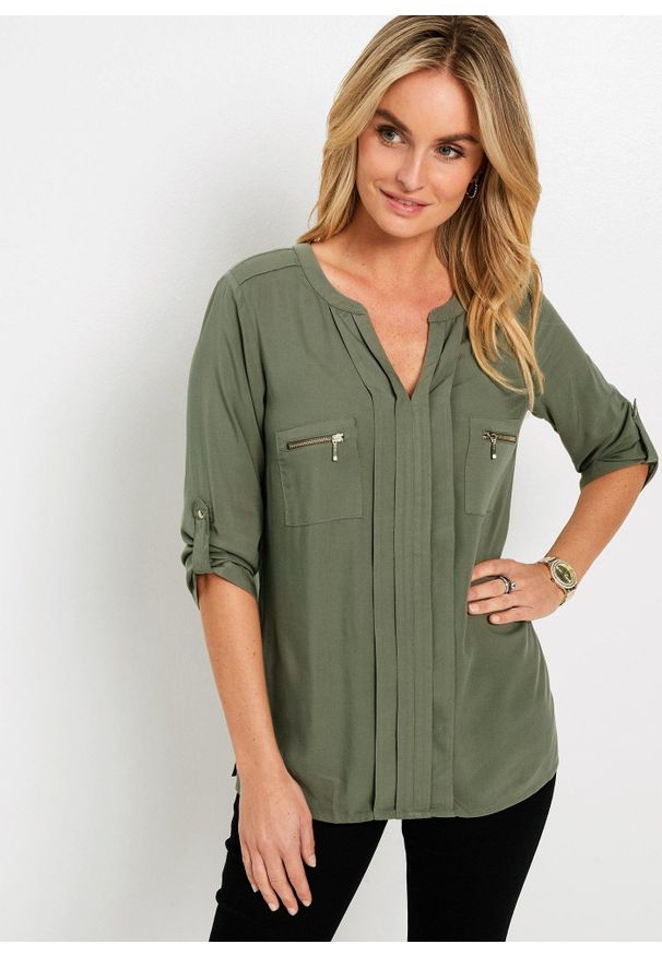 bonprix - Bluzka tunikowa z lejącej wiskozy. Kolor: zielony. Materiał: wiskoza. Styl: elegancki