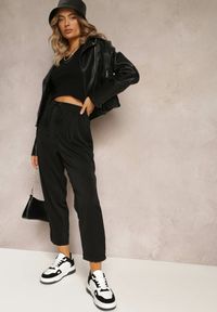 Renee - Czarne Spodnie High Waist z Gumką i Troczkiem w Pasie oraz Kieszeniami Arlettia. Stan: podwyższony. Kolor: czarny. Materiał: tkanina. Długość: długie. Wzór: jednolity #1