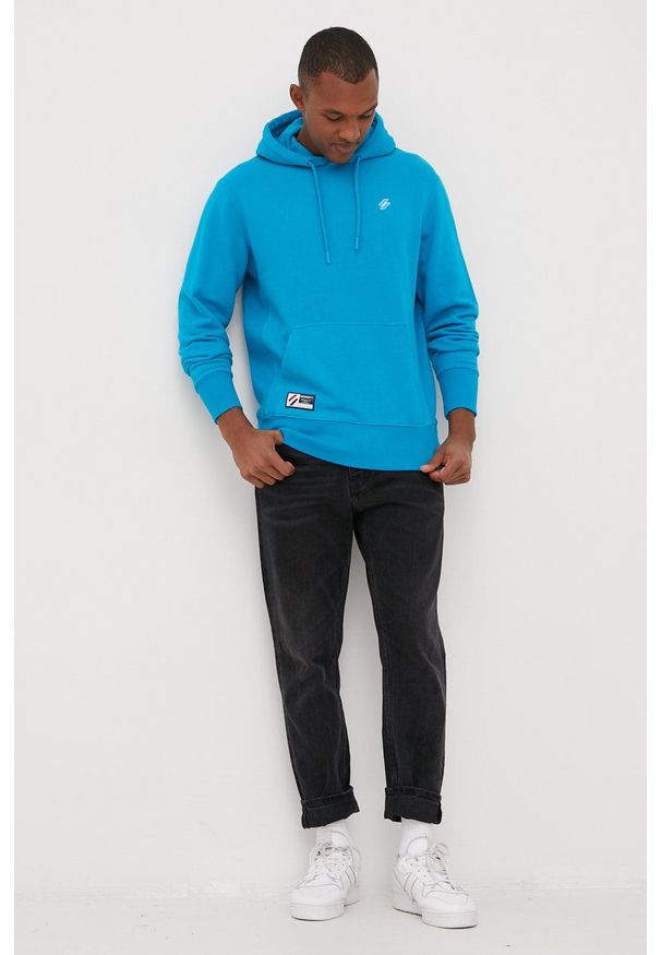 Superdry bluza bawełniana męska kolor turkusowy z kapturem gładka. Typ kołnierza: kaptur. Kolor: turkusowy. Materiał: bawełna. Wzór: gładki
