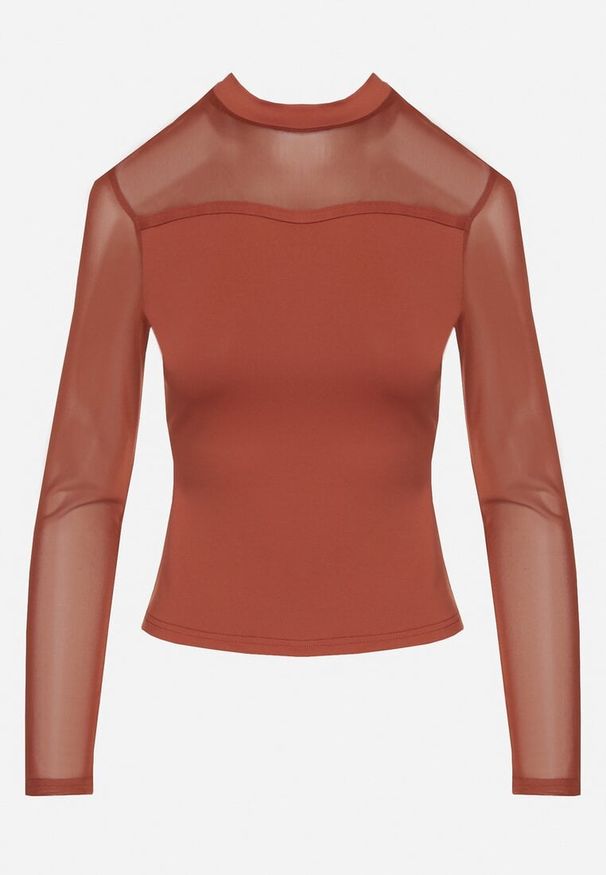 Born2be - Brązowa Bluzka z Golfem Vices Ozdobiona Transparentnymi Wstawkami Hatalie. Okazja: na co dzień. Typ kołnierza: golf. Kolor: brązowy. Materiał: jeans. Długość rękawa: długi rękaw. Długość: długie. Wzór: aplikacja. Styl: casual, klasyczny