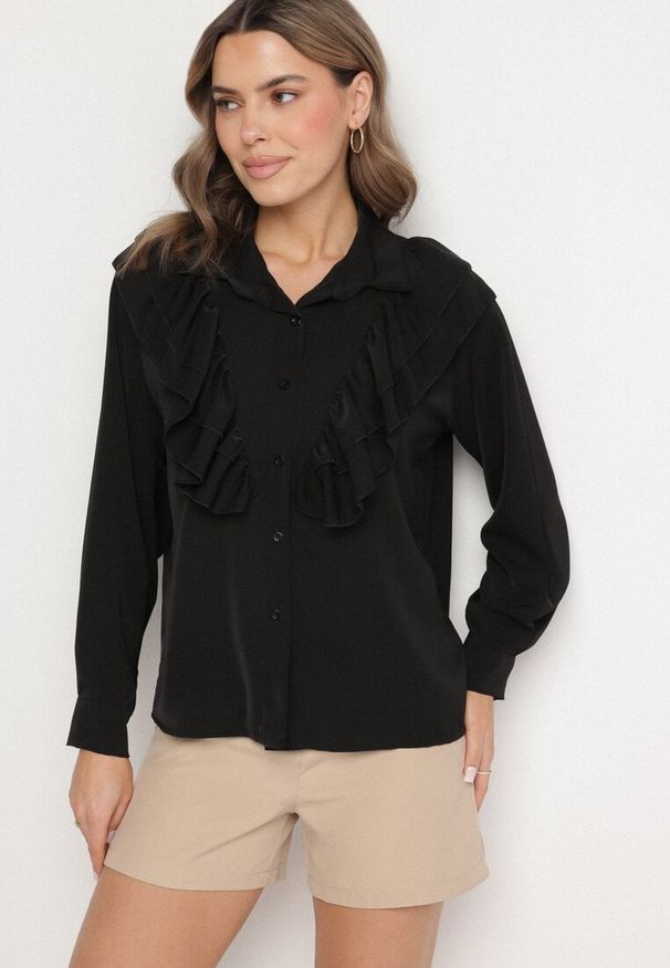 Born2be - Czarna Koszula z Ozdobną Falbaną Cornelea. Okazja: na co dzień. Kolor: czarny. Materiał: jeans. Styl: klasyczny, elegancki, casual