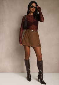 Renee - Brązowe Spódnico-Szorty High Waist z Ozdobnym Paskiem Korelea. Stan: podwyższony. Kolor: brązowy. Styl: klasyczny #3