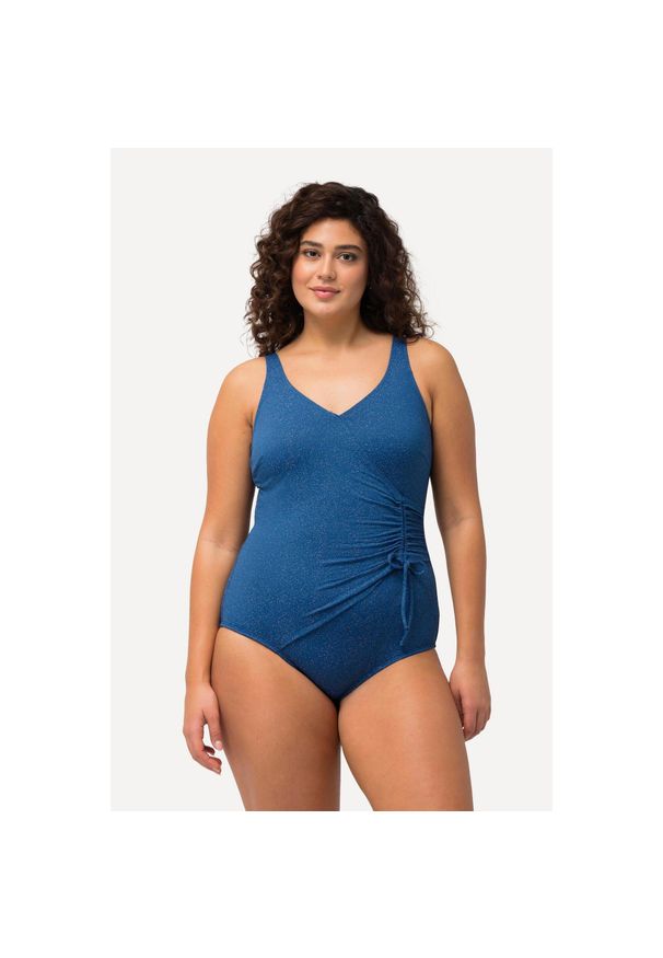 ULLA POPKEN - Damski Strój kąpielowy w kopertowym stylu brokat miękkie miseczki. Kolekcja: plus size. Kolor: niebieski. Materiał: poliamid, włókno, materiał, elastan