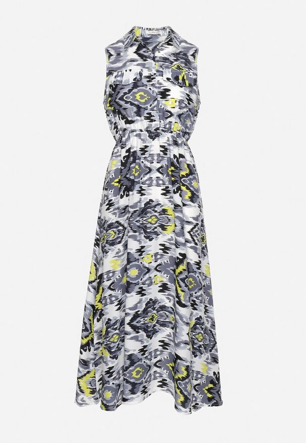 Born2be - Szaro-Biała Sukienka Rozkloszowana z Klapami przy Dekolcie w Abstrakcyjny Wzór Elebia. Okazja: na imprezę, na co dzień. Kolor: szary. Materiał: tkanina. Sezon: lato. Typ sukienki: rozkloszowane. Styl: casual, klasyczny