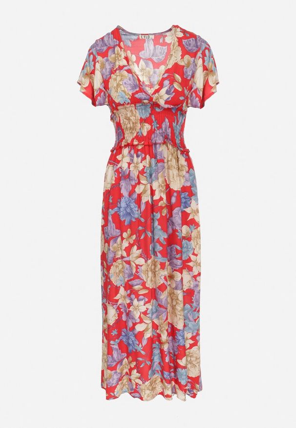 Born2be - Czerwona Sukienka Maxi w Kwiaty z Gumką w Pasie Shepes. Typ kołnierza: dekolt kopertowy. Kolor: czerwony. Materiał: tkanina, wiskoza. Wzór: kwiaty. Typ sukienki: kopertowe. Długość: maxi