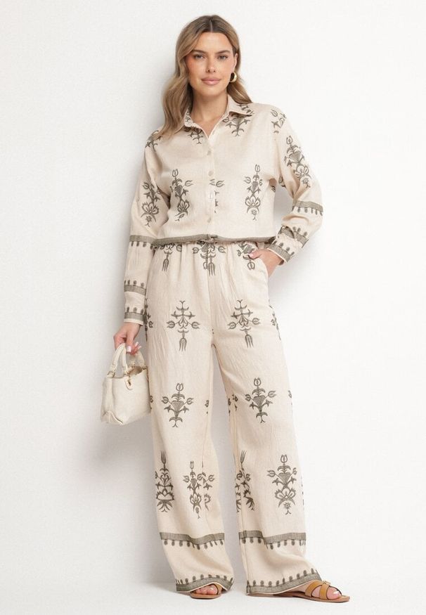 Born2be - Beżowy Komplet z Wiskozy w Stylu Boho Koszula i Spodnie Zdobione Haftem Sarhiris. Kolor: beżowy. Materiał: wiskoza. Wzór: aplikacja, haft