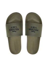 TOMMY HILFIGER - Tommy Hilfiger Klapki Embroid Hilfiger 85 Pool Slide FM0FM05342 Zielony. Kolor: zielony. Materiał: skóra