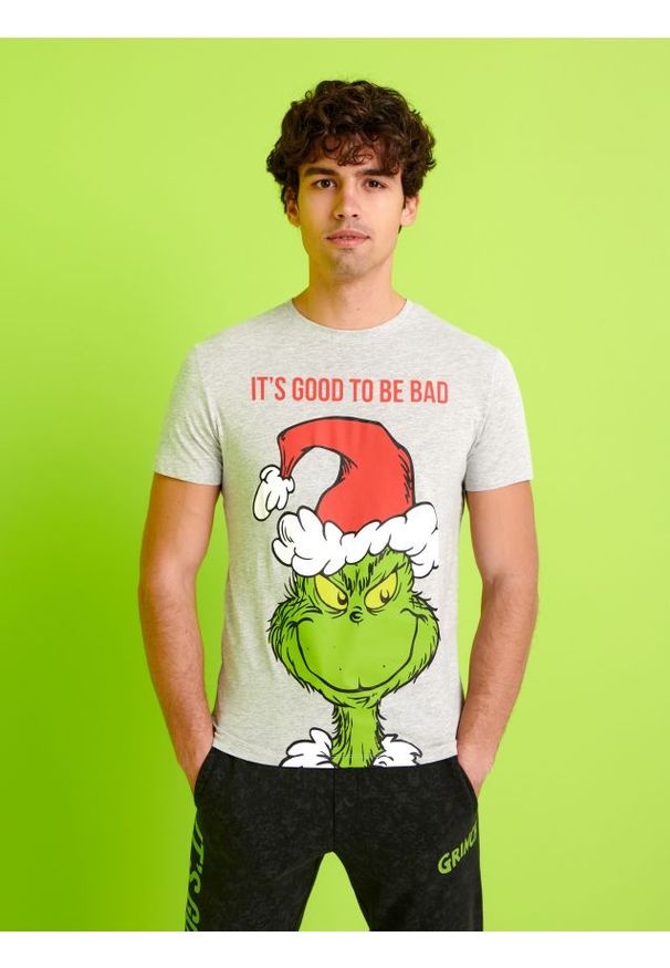 Sinsay - Koszulka Grinch - szary. Kolor: szary. Materiał: bawełna. Wzór: nadruk. Styl: wizytowy