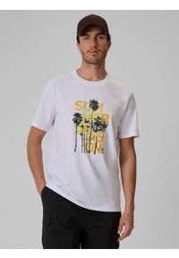 4f - 4F T-shirt regular z nadrukiem męski - biały XL. Okazja: na co dzień. Kolor: biały. Materiał: jeans, dresówka, bawełna, dzianina. Wzór: nadruk. Styl: casual, klasyczny #1