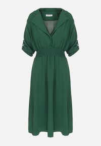 Born2be - Zielona Sukienka Koszulowa z Marszczoną Gumką w Talii Emonia. Kolor: zielony. Długość rękawa: długi rękaw. Typ sukienki: koszulowe. Długość: midi #6