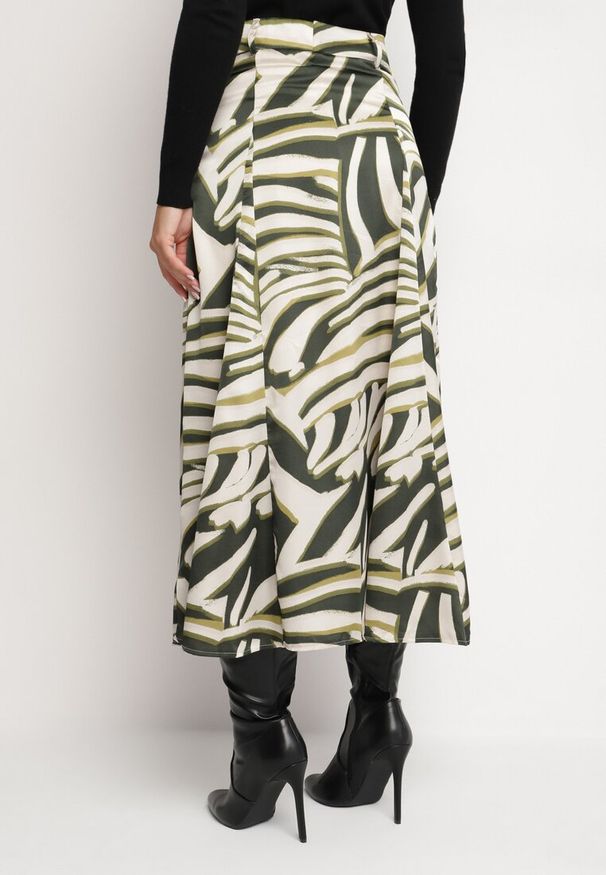 Born2be - Zielono-Beżowa Rozkloszowana Spódnica Maxi w Tygrysie Paski z Paskiem w Komplecie Castella. Kolor: zielony. Długość: długie. Wzór: paski
