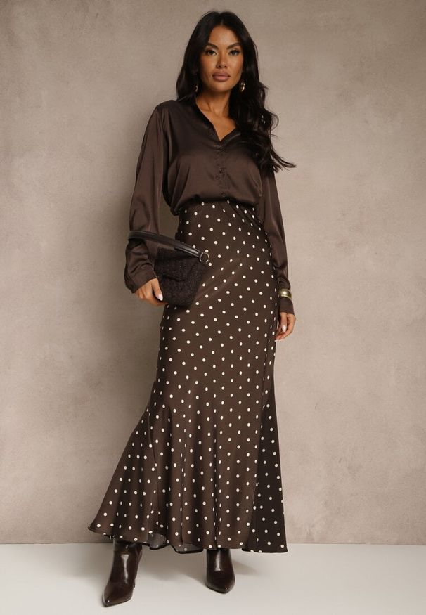Renee - Brązowa Spódnica High Waist w Kropki o Trapezowym Kroju Ravea. Okazja: do pracy, na spacer, na co dzień, na spotkanie biznesowe. Stan: podwyższony. Kolor: brązowy. Wzór: kropki. Styl: casual, elegancki, biznesowy