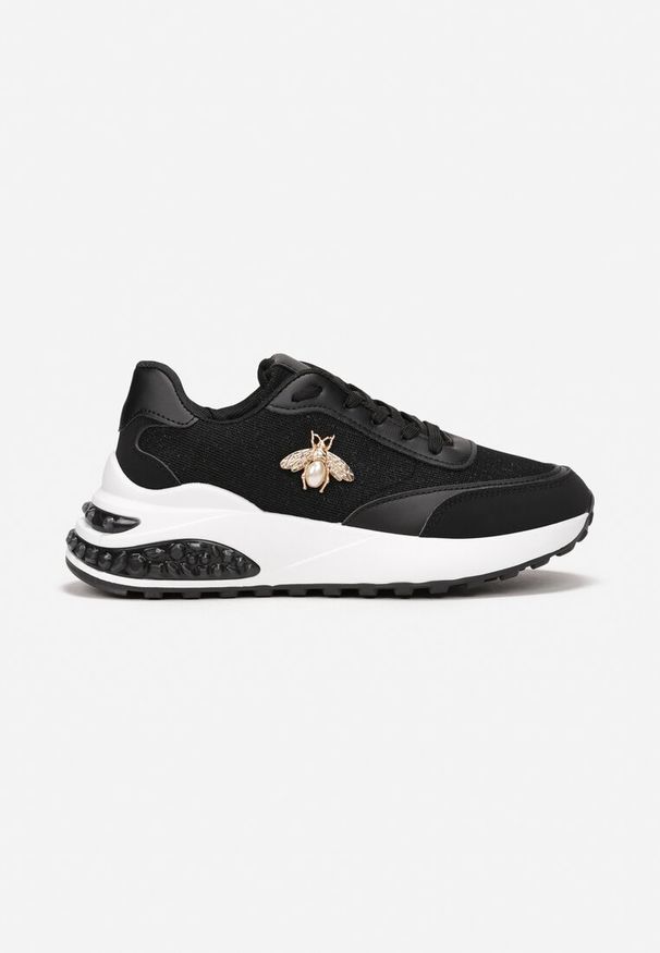 Renee - Czarne Sneakersy na Grubej Podeszwie z Ozdobą i Brokatem Sehdi. Wysokość cholewki: przed kostkę. Kolor: czarny. Materiał: materiał. Szerokość cholewki: normalna. Wzór: aplikacja