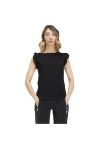 LEONE 1947 APPAREL - T-shirt damski z falbaną w kolorach ziemi. Kolor: czarny. Materiał: tkanina. Sport: fitness