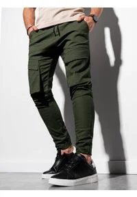 Ombre Clothing - Spodnie męskie joggery P999 - khaki - M. Kolor: brązowy. Materiał: elastan, bawełna. Wzór: aplikacja #1