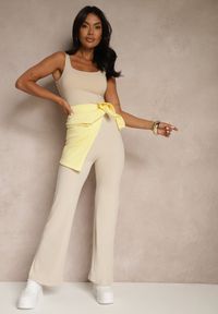 Renee - Beżowe Legginsy High Waist z Szeroką Gumką w Pasie Idalania. Okazja: na co dzień. Stan: podwyższony. Kolor: beżowy. Styl: casual, elegancki #5