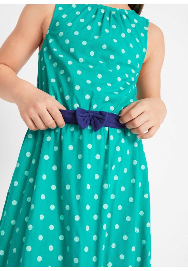 bonprix - Sukienka z dżerseju z czystej bawełny. Typ kołnierza: kokarda. Kolor: zielony. Materiał: jersey, bawełna. Wzór: kropki. Styl: elegancki