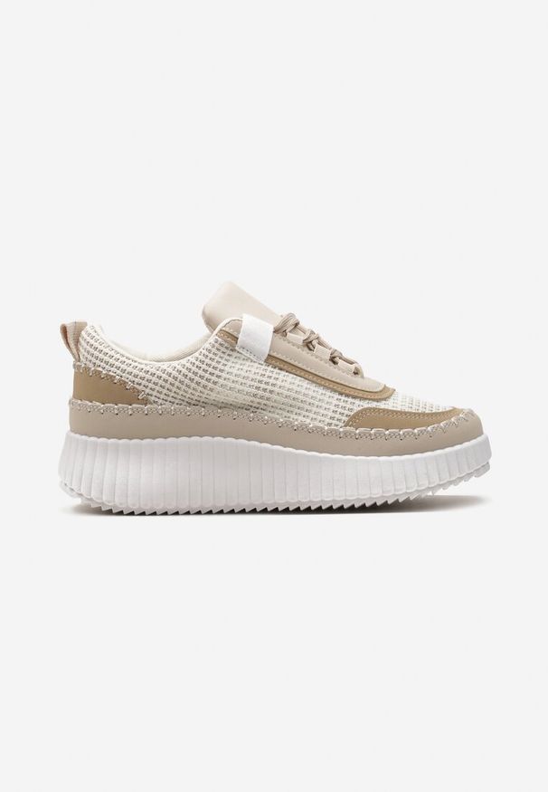 Renee - Beżowe Sneakersy na Platformie Ozdobione Tweedowymi Wstawkami i Cyrkoniami Eganna. Kolor: beżowy. Wzór: aplikacja. Obcas: na platformie