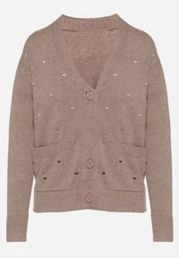 Born2be - Beżowy Rozpinany Kardigan w Kropki Tusvanea. Okazja: na co dzień. Kolor: beżowy. Materiał: jeans. Wzór: kropki. Styl: klasyczny, casual #5