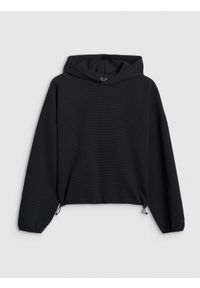 4f - 4F Bluza dresowa z waflowej dzianiny damska - czarna L. Kolor: czarny. Materiał: dresówka, dzianina